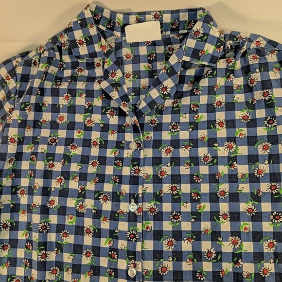 Simply Basic Blue Plaid Gingham White Daisy Flowers Button Up Floral Women S - Picture 3 of 11